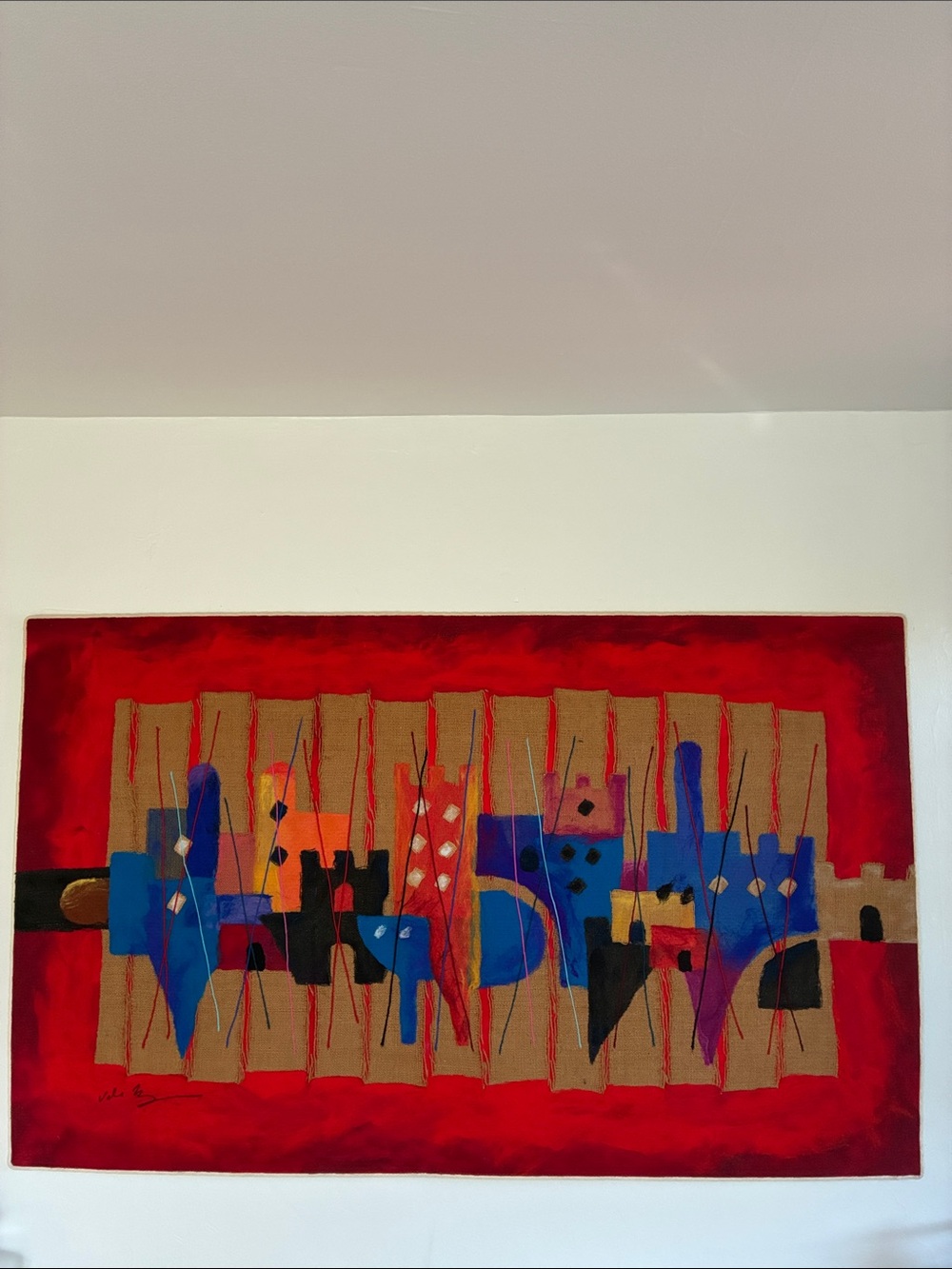 Abstract Textile Wall Art with Red, Blue & Natural Burlap